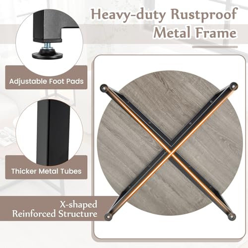 COSTWAY Coffee Table Set of 3, Wood Grain Round Coffee Table and 2 Square End Side Tables with Metal Frame, Modern 3-Piece Living Room Tables Set for Small Space, Apartment (Gray & Black)