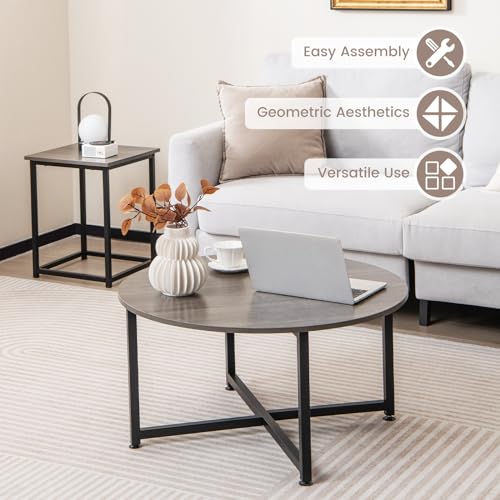 COSTWAY Coffee Table Set of 3, Wood Grain Round Coffee Table and 2 Square End Side Tables with Metal Frame, Modern 3-Piece Living Room Tables Set for Small Space, Apartment (Gray & Black)