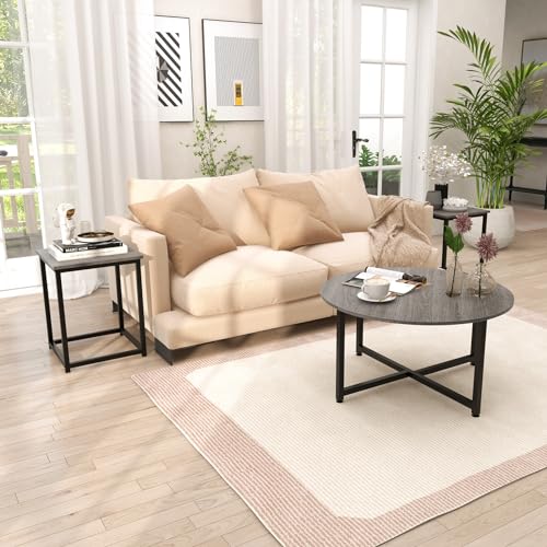 COSTWAY Coffee Table Set of 3, Wood Grain Round Coffee Table and 2 Square End Side Tables with Metal Frame, Modern 3-Piece Living Room Tables Set for Small Space, Apartment (Gray & Black)