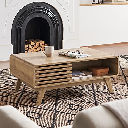 mopio Ensley Coffee Table, Mid Century Modern Table with Storage, Farmhouse Wood Coffee Table for Living Room Fluted (Oak)