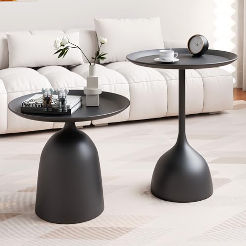 Round Coffee Table and End Table Sets for Living Room, Black Modern Side Table, Nesting Coffee Table Set of 2, Funky Metal Accent Table for Bedside, Fluted Small Nested Coffee Tables with Pedestal