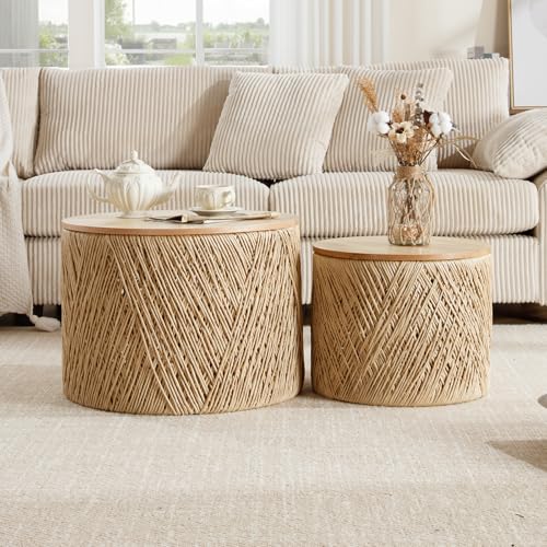 DM Furniture Nesting Coffee Table Set of 2, Natural Round Wooden Coffee Tables Rustic Woven Circle Side/Sofa Table for Small Space Living Room Bedroom Apartment No Assembly Required