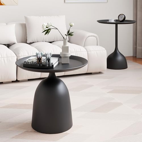 Round Coffee Table and End Table Sets for Living Room, Black Modern Side Table, Nesting Coffee Table Set of 2, Funky Metal Accent Table for Bedside, Fluted Small Nested Coffee Tables with Pedestal