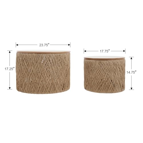 DM Furniture Nesting Coffee Table Set of 2, Natural Round Wooden Coffee Tables Rustic Woven Circle Side/Sofa Table for Small Space Living Room Bedroom Apartment No Assembly Required