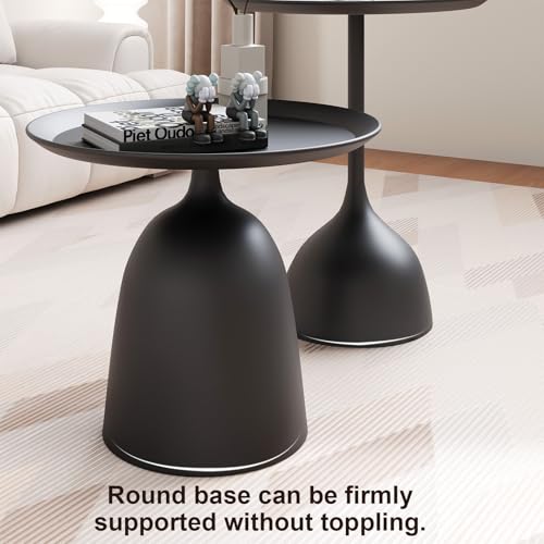 Round Coffee Table and End Table Sets for Living Room, Black Modern Side Table, Nesting Coffee Table Set of 2, Funky Metal Accent Table for Bedside, Fluted Small Nested Coffee Tables with Pedestal