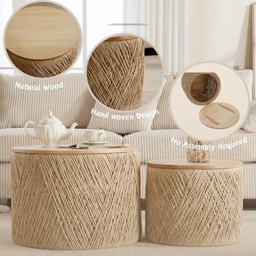 DM Furniture Nesting Coffee Table Set of 2, Natural Round Wooden Coffee Tables Rustic Woven Circle Side/Sofa Table for Small Space Living Room Bedroom Apartment No Assembly Required