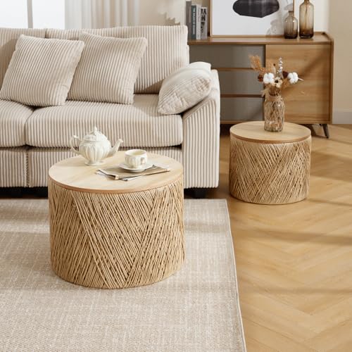 DM Furniture Nesting Coffee Table Set of 2, Natural Round Wooden Coffee Tables Rustic Woven Circle Side/Sofa Table for Small Space Living Room Bedroom Apartment No Assembly Required
