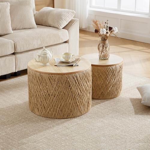 DM Furniture Nesting Coffee Table Set of 2, Natural Round Wooden Coffee Tables Rustic Woven Circle Side/Sofa Table for Small Space Living Room Bedroom Apartment No Assembly Required