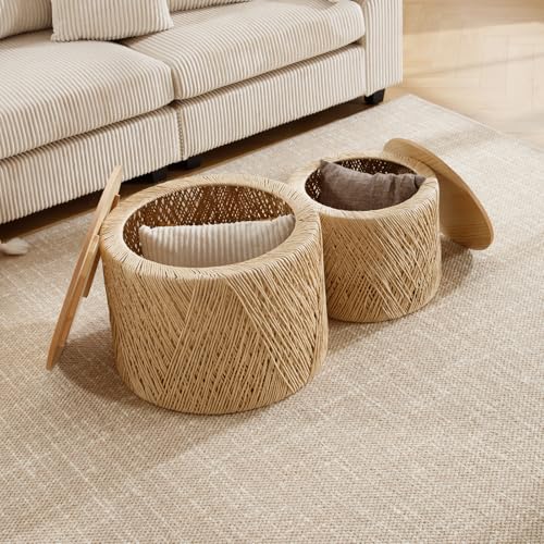 DM Furniture Nesting Coffee Table Set of 2, Natural Round Wooden Coffee Tables Rustic Woven Circle Side/Sofa Table for Small Space Living Room Bedroom Apartment No Assembly Required