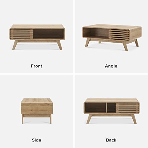 mopio Ensley Coffee Table, Mid Century Modern Table with Storage, Farmhouse Wood Coffee Table for Living Room Fluted (Oak)