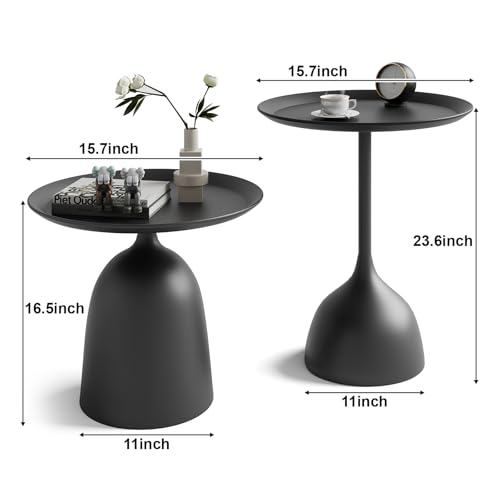 Round Coffee Table and End Table Sets for Living Room, Black Modern Side Table, Nesting Coffee Table Set of 2, Funky Metal Accent Table for Bedside, Fluted Small Nested Coffee Tables with Pedestal