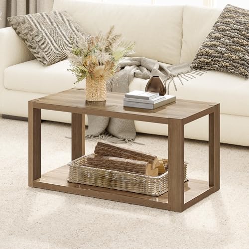 SICOTAS Farmhouse Wood Coffee Table - Boho Table with Storage Shelf, Rectangle Center Table Wood Look Accent Table, 2-Tier Sofa Side Table Mid Century