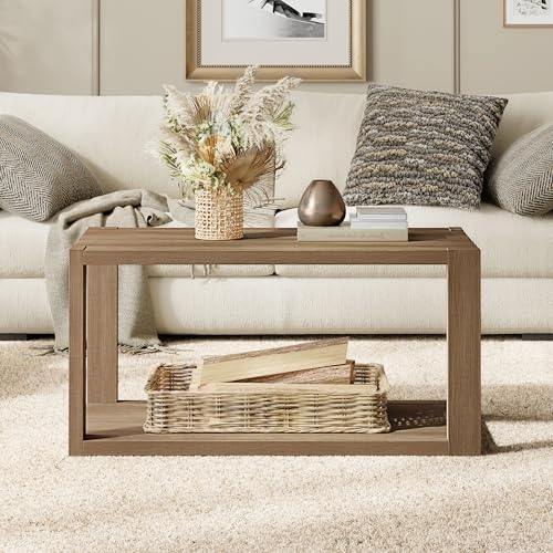 SICOTAS Farmhouse Wood Coffee Table - Boho Table with Storage Shelf, Rectangle Center Table Wood Look Accent Table, 2-Tier Sofa Side Table Mid Century