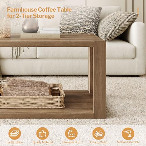 SICOTAS Farmhouse Wood Coffee Table - Boho Table with Storage Shelf, Rectangle Center Table Wood Look Accent Table, 2-Tier Sofa Side Table Mid Century