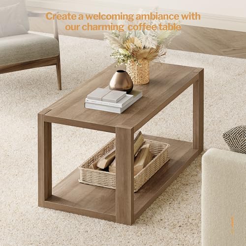 SICOTAS Farmhouse Wood Coffee Table - Boho Table with Storage Shelf, Rectangle Center Table Wood Look Accent Table, 2-Tier Sofa Side Table Mid Century