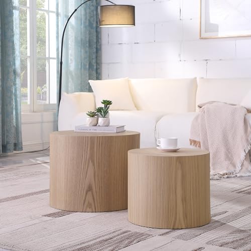 HanStrong Small Coffee Table Nesting End Table Set of 2, Round Coffee Table Wood Side Table Circle Accent Tables for Small Spaces Living Room Bedroom Balcony Office, Oak