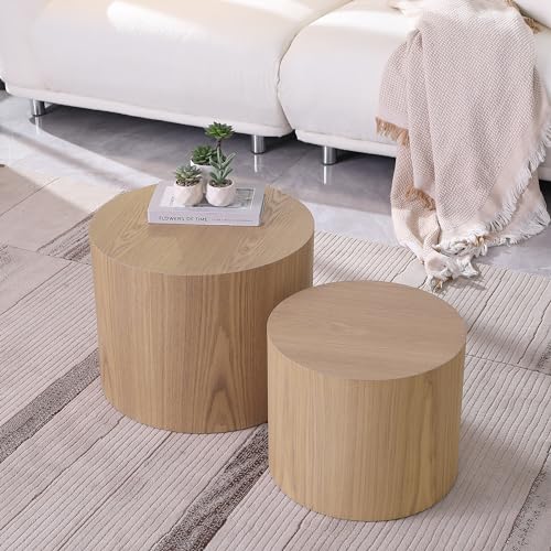 HanStrong Small Coffee Table Nesting End Table Set of 2, Round Coffee Table Wood Side Table Circle Accent Tables for Small Spaces Living Room Bedroom Balcony Office, Oak
