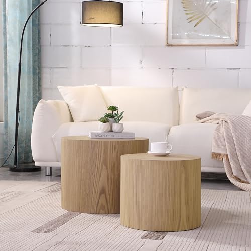 HanStrong Small Coffee Table Nesting End Table Set of 2, Round Coffee Table Wood Side Table Circle Accent Tables for Small Spaces Living Room Bedroom Balcony Office, Oak