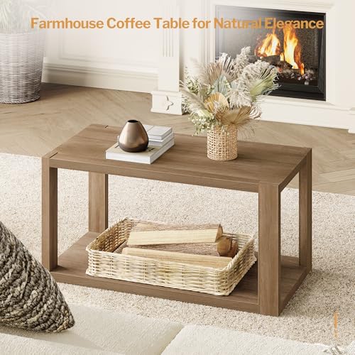 SICOTAS Farmhouse Wood Coffee Table - Boho Table with Storage Shelf, Rectangle Center Table Wood Look Accent Table, 2-Tier Sofa Side Table Mid Century
