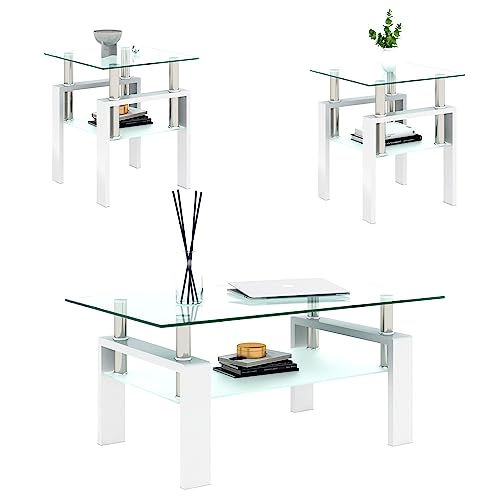 Coffee Table Set, Glass Coffee Table and 2 Side Tables, Modern Table Set for Living Room with Metal Leg (White, coffee table + 2 end tables)