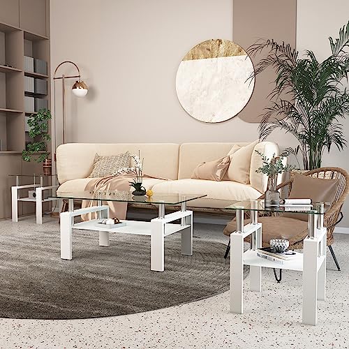 Coffee Table Set, Glass Coffee Table and 2 Side Tables, Modern Table Set for Living Room with Metal Leg (White, coffee table + 2 end tables)