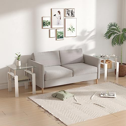 Coffee Table Set, Glass Coffee Table and 2 Side Tables, Modern Table Set for Living Room with Metal Leg (White, coffee table + 2 end tables)