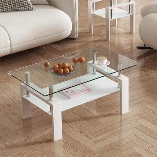 Coffee Table Set, Glass Coffee Table and 2 Side Tables, Modern Table Set for Living Room with Metal Leg (White, coffee table + 2 end tables)