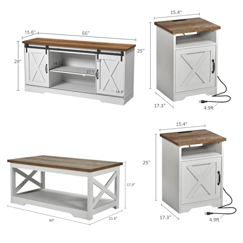 AMERLIFE 4-Piece Farmhouse Table Set Includes Sliding Barn Door TV Stand, Coffee Table& Two End Tables, Side Table with Charging Station and USB Ports, for Living Room, Bedroom, Distressed White, 66"