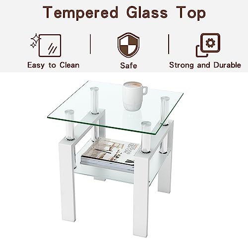 Coffee Table Set, Glass Coffee Table and 2 Side Tables, Modern Table Set for Living Room with Metal Leg (White, coffee table + 2 end tables)