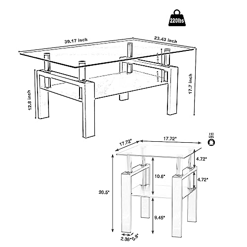 Coffee Table Set, Glass Coffee Table and 2 Side Tables, Modern Table Set for Living Room with Metal Leg (White, coffee table + 2 end tables)