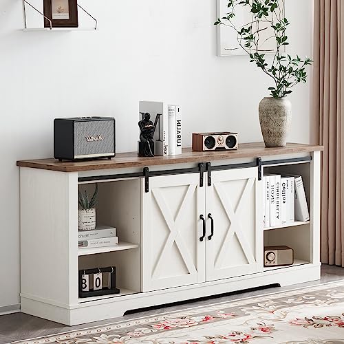 AMERLIFE 4-Piece Farmhouse Table Set Includes Sliding Barn Door TV Stand, Coffee Table& Two End Tables, Side Table with Charging Station and USB Ports, for Living Room, Bedroom, Distressed White, 66"