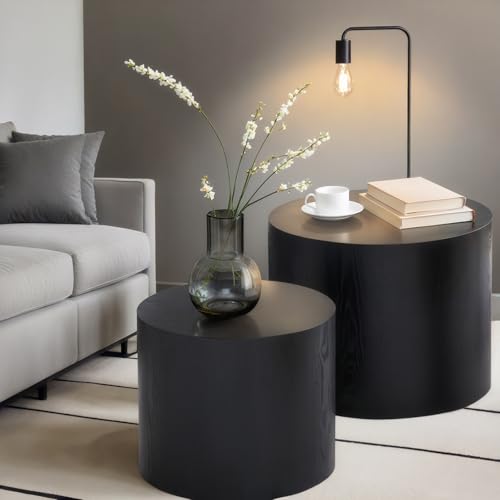 Nesting Coffee Table Set of 2, Modern Round Coffee Table with Non-Slip Feet, Wooden Circle Side Table and Accent Furniture for Bedroom Balcony Lounge Home Office, No Assembling, Matte Black