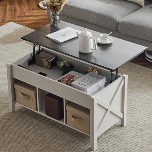 VINGLI Lift Top Coffee Table, Charcoal Top with White Frame, Farmhouse Cross-Sided Design, with Storage Shelf/Hidden Compartment, Gas Lift Mesa De Centro para Sala Pop Up Coffee Table