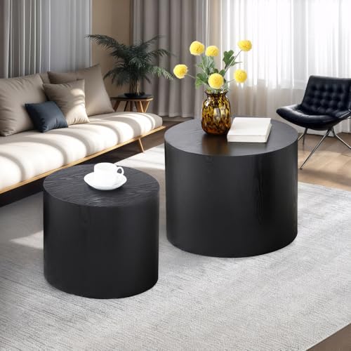 Nesting Coffee Table Set of 2, Modern Round Coffee Table with Non-Slip Feet, Wooden Circle Side Table and Accent Furniture for Bedroom Balcony Lounge Home Office, No Assembling, Matte Black