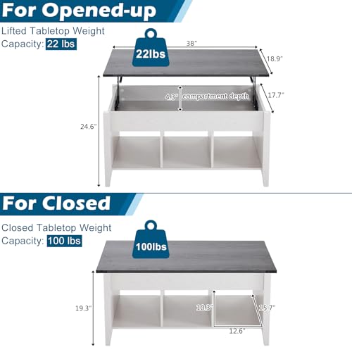 VINGLI Lift Top Coffee Table, Charcoal Top with White Frame, Farmhouse Cross-Sided Design, with Storage Shelf/Hidden Compartment, Gas Lift Mesa De Centro para Sala Pop Up Coffee Table