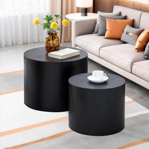 Nesting Coffee Table Set of 2, Modern Round Coffee Table with Non-Slip Feet, Wooden Circle Side Table and Accent Furniture for Bedroom Balcony Lounge Home Office, No Assembling, Matte Black