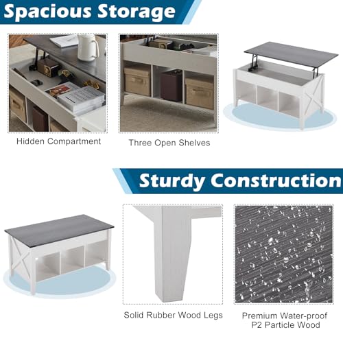 VINGLI Lift Top Coffee Table, Charcoal Top with White Frame, Farmhouse Cross-Sided Design, with Storage Shelf/Hidden Compartment, Gas Lift Mesa De Centro para Sala Pop Up Coffee Table