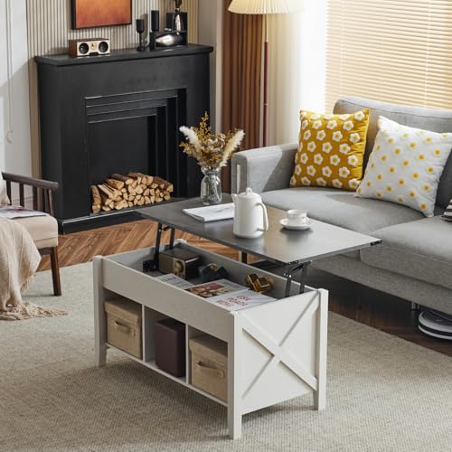 VINGLI Lift Top Coffee Table, Charcoal Top with White Frame, Farmhouse Cross-Sided Design, with Storage Shelf/Hidden Compartment, Gas Lift Mesa De Centro para Sala Pop Up Coffee Table