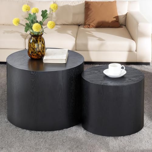 Nesting Coffee Table Set of 2, Modern Round Coffee Table with Non-Slip Feet, Wooden Circle Side Table and Accent Furniture for Bedroom Balcony Lounge Home Office, No Assembling, Matte Black