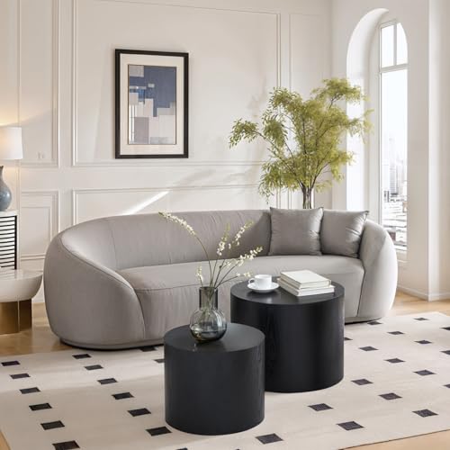 Nesting Coffee Table Set of 2, Modern Round Coffee Table with Non-Slip Feet, Wooden Circle Side Table and Accent Furniture for Bedroom Balcony Lounge Home Office, No Assembling, Matte Black