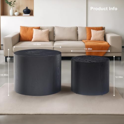 Nesting Coffee Table Set of 2, Modern Round Coffee Table with Non-Slip Feet, Wooden Circle Side Table and Accent Furniture for Bedroom Balcony Lounge Home Office, No Assembling, Matte Black