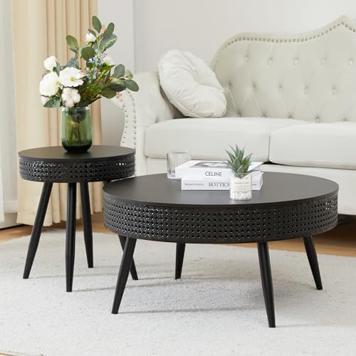 Modern Farmhouse Round End Table Set of 2,Iron Rattan Coffee Table with Hidden Storage Basket,29.1” Nesting Side Table for Living Room,Balcony,Patio,Swimming Pool (Black)