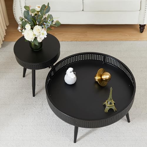Modern Farmhouse Round End Table Set of 2,Iron Rattan Coffee Table with Hidden Storage Basket,29.1” Nesting Side Table for Living Room,Balcony,Patio,Swimming Pool (Black)