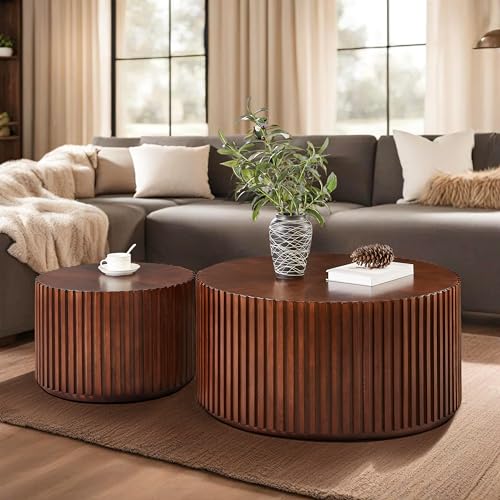 DS-HOMEPORT Round Wood Coffee Table Set of 2, Handcraft Drum Side Table End Table for Living Room, Modern Circle Wooden End Table Set for Small Space, No Need Assembly(Espresso,31x31x16 in)