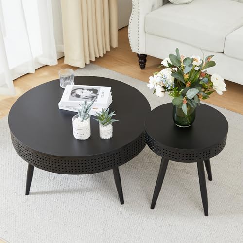 Modern Farmhouse Round End Table Set of 2,Iron Rattan Coffee Table with Hidden Storage Basket,29.1” Nesting Side Table for Living Room,Balcony,Patio,Swimming Pool (Black)