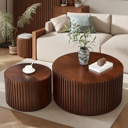 DS-HOMEPORT Round Wood Coffee Table Set of 2, Handcraft Drum Side Table End Table for Living Room, Modern Circle Wooden End Table Set for Small Space, No Need Assembly(Espresso,31x31x16 in)
