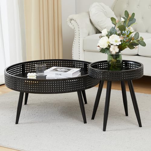 Modern Farmhouse Round End Table Set of 2,Iron Rattan Coffee Table with Hidden Storage Basket,29.1” Nesting Side Table for Living Room,Balcony,Patio,Swimming Pool (Black)