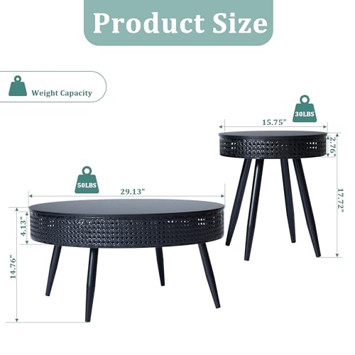 Modern Farmhouse Round End Table Set of 2,Iron Rattan Coffee Table with Hidden Storage Basket,29.1” Nesting Side Table for Living Room,Balcony,Patio,Swimming Pool (Black)