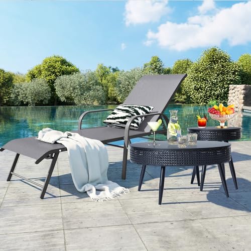 Modern Farmhouse Round End Table Set of 2,Iron Rattan Coffee Table with Hidden Storage Basket,29.1” Nesting Side Table for Living Room,Balcony,Patio,Swimming Pool (Black)