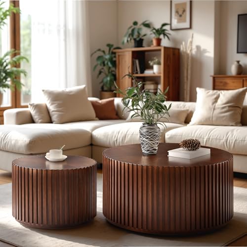 DS-HOMEPORT Round Wood Coffee Table Set of 2, Handcraft Drum Side Table End Table for Living Room, Modern Circle Wooden End Table Set for Small Space, No Need Assembly(Espresso,31x31x16 in)